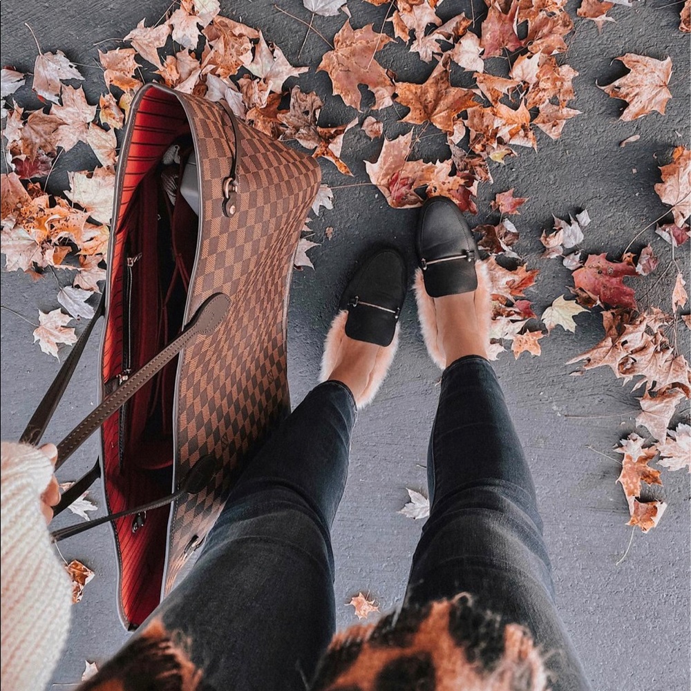Faux Fur Mules Black with Gold tone hardware